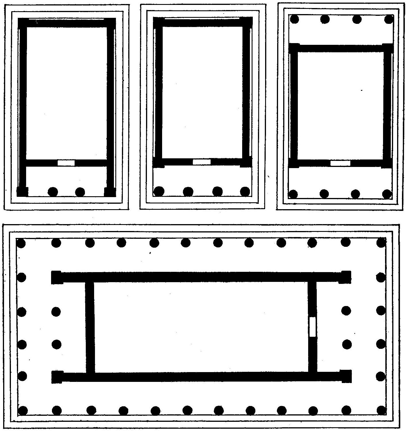 GROUND PLANS OF GREEK TEMPLES FROM THE SIMPLE TO THE ELABORATE The variety is much greater than can be shown here. The lower is the ground plan of the so-called Temple of Theseus at Athens.