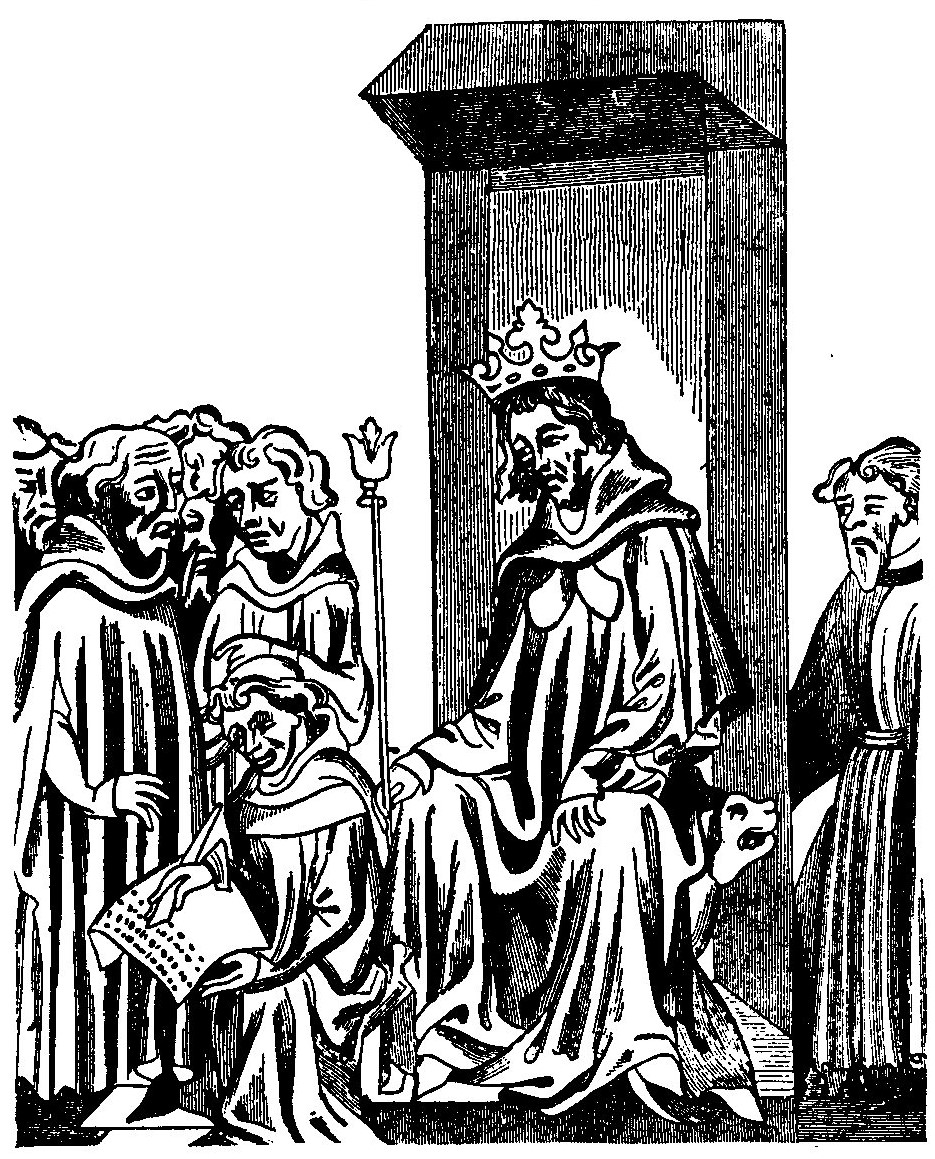 CHILDERIC I, FATHER OF CLOVIS He is represented in this picture from a fourteenth-century manuscript as dictating the Salic Law; but that Frankish law book is Probably of later origin. Note the peculiar dress of most of the figures, including the King, who is distinguished by long, flowing hair. See H.T.F., under “Salic Law.”