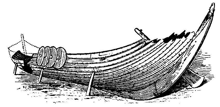REMAINS OF A VIKING SHIP Found buried in sand at Gokstad, Norway. It is of oak, unpainted; length over all, 79 feet 4 inches.