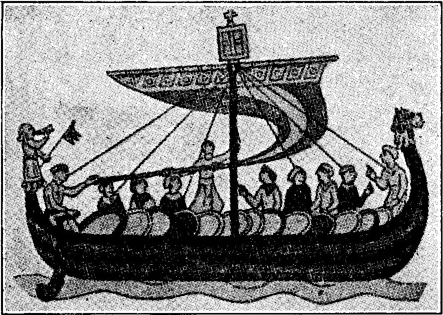 A NORMAN SHIP From the Bayeaux Tapestry. The Bayeaux Tapestry is a linen band 230 feet long and 29 inches wide., embroidered in colored worsteds, with 72 scenes illustrating the Norman Conquest. It was a contemporary work. See (§ 484.) The banner is supposed to be the one blessed by the Pope