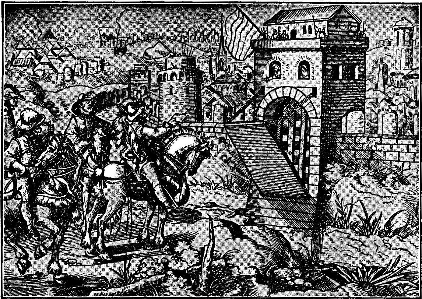 SIEGE OF A MEDIEVAL TOWN From a sixteenth-century copper engraving, showing the summons to surrender.