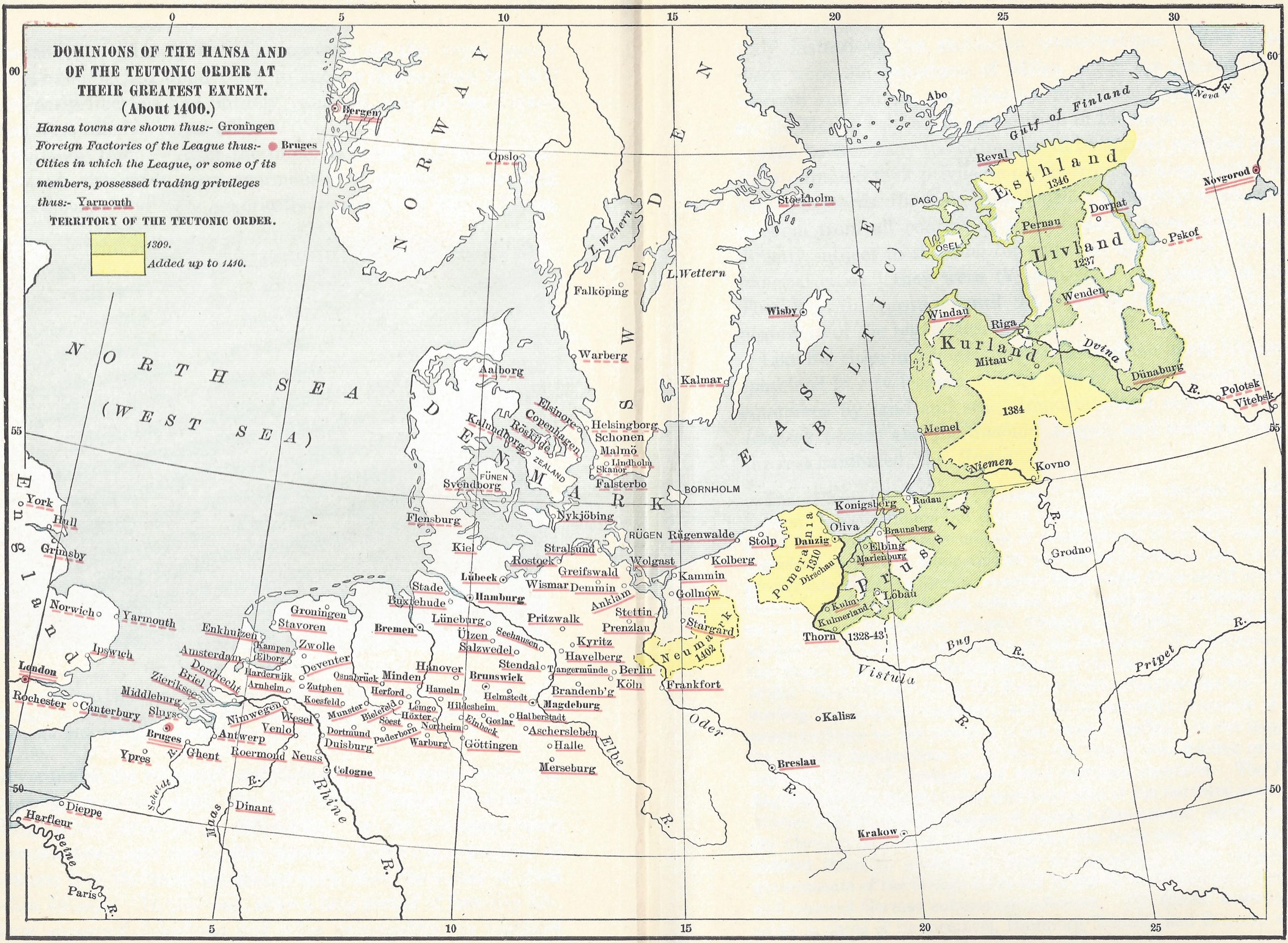 Dominions of the Hansa and of the Teutonic Order at their Greatest Extent (about 1400).