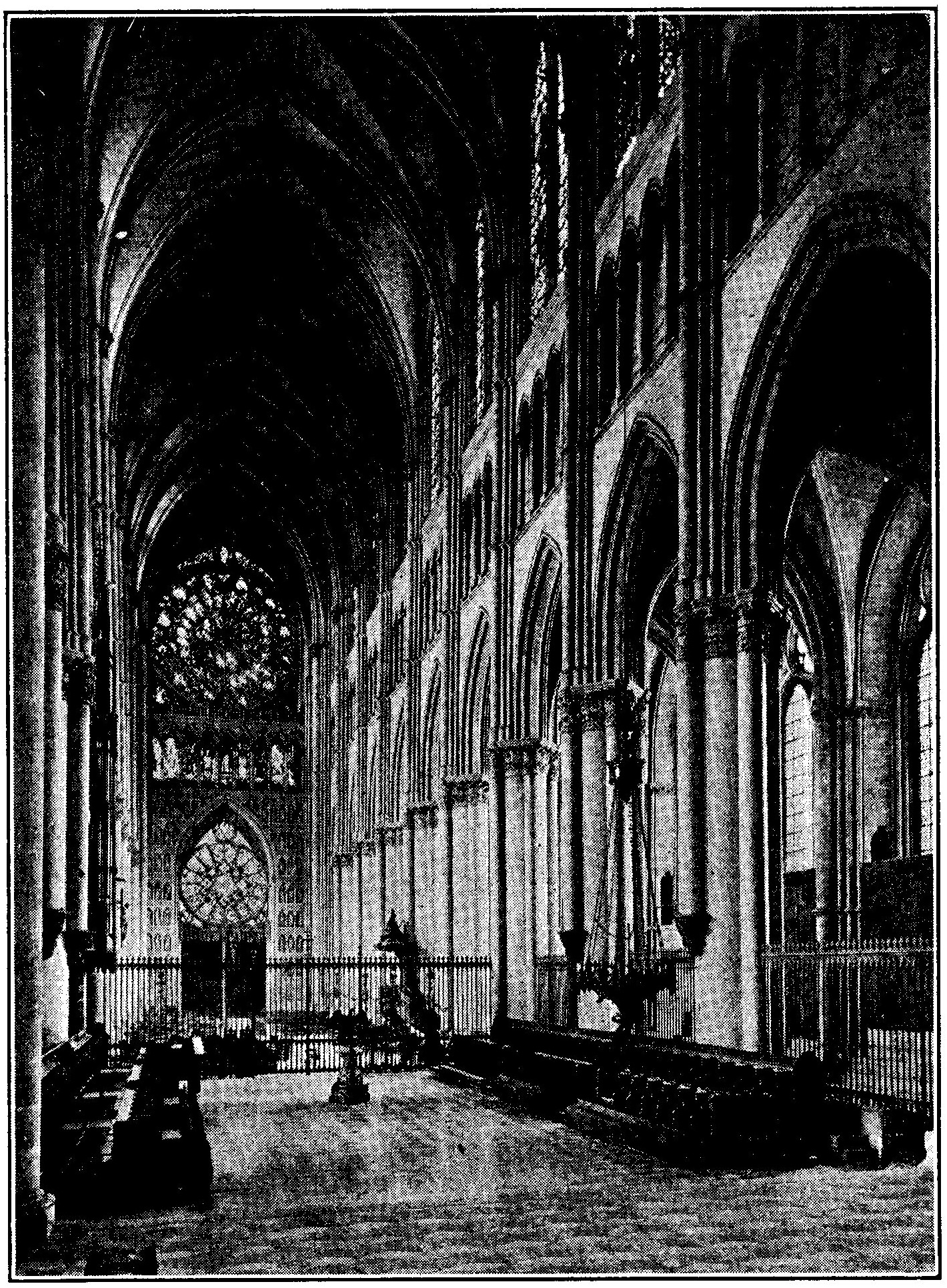 INTERIOR OF CATHEDRAL OF REIMS, FRANCE  The style is Gothic. Note the difference in height between the main aisle (nave) and the side aisles, the arrangement of windows, the ribbed ceiling, and the character of the pillars. This picture was taken from the sanctuary.