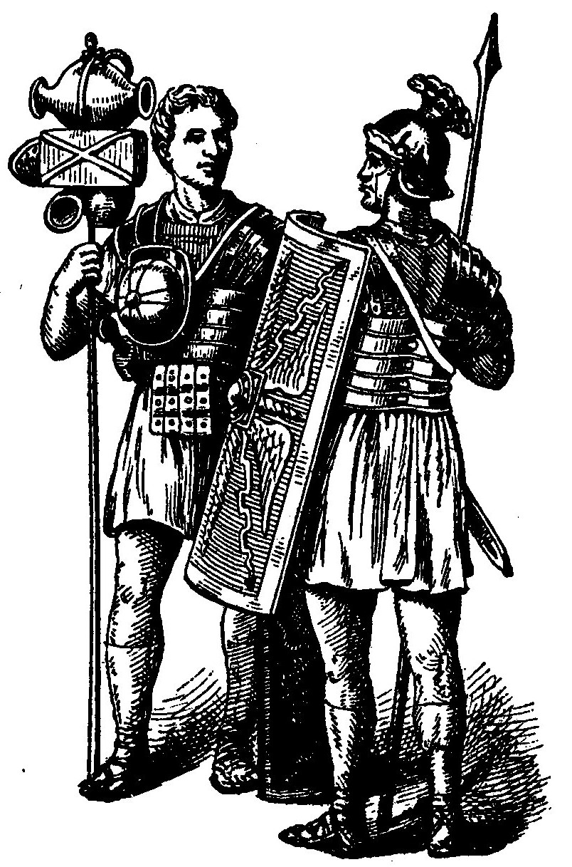 ROMAN SOLDIERS: The one to the left is ready to start on a day’s march. His belongings are tied to the upper end of a pole. He will hold them aloft while marching. The pole is to be used in building the palisade of the next camp. The soldier to the right is ready for battle. The scabbard of his short sword is worn on the right side, so as not to interfere with the movements of the shield in fighting. Note the kind of armor. The spear is not the light javelin referred to in the text but the stout weapon used in older times.