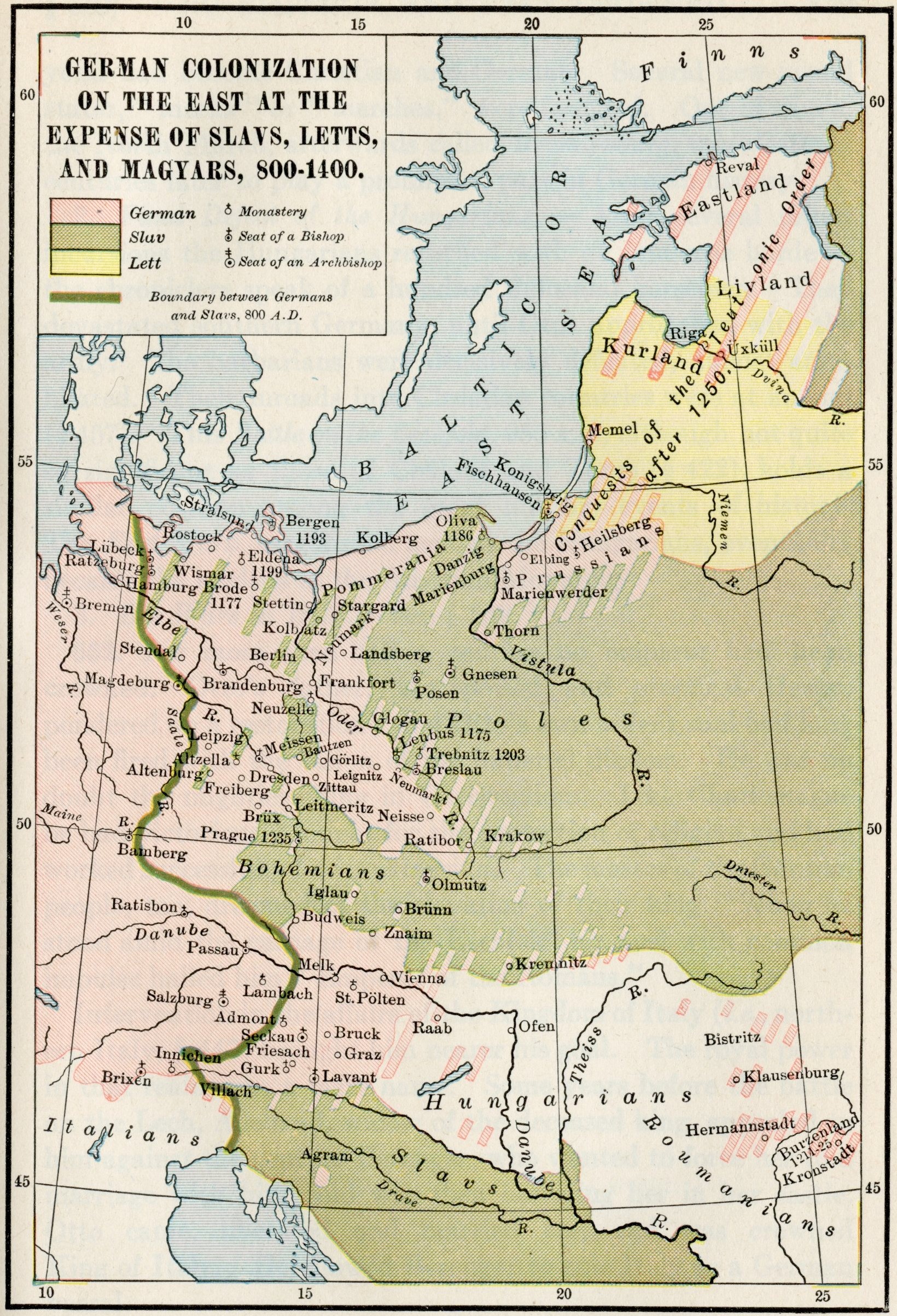 German Colonization on the East at the Expense of Slavs, Letts, and Magyars, 800-1400