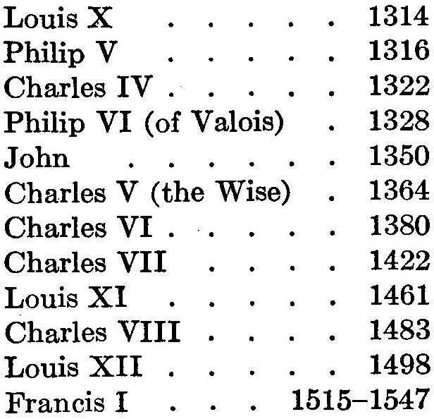 The following table gives the Capetian kings of this period, with dates of accession. See § 539 for the earlier Capetians.