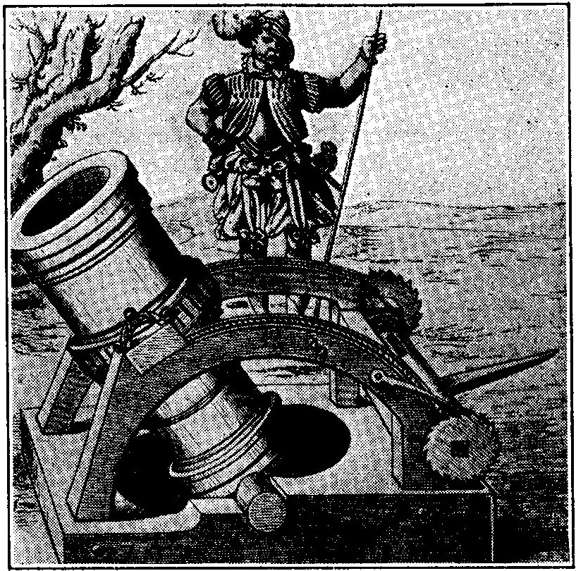 A BOMBARD From a sixteenth-century German wood-cut. One chronicler of the day says that gunpowder was used at Crecy. The English, he reports, had several small “bombards, which, with fire and noise like God’s thunder, threw little iron balls to frighten the horses." Cannon certainly came into use about that time; but the first ones were made by fastening bars of iron together with hoops; and the gunpowder was full of impurities and very weak. Not before a century later did cannon begin to be used to batter down the walls of castles and cities. It was longer still before firearms became the chief weapon of the infantry.