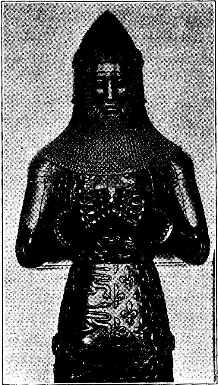 EFFIGY FROM THE TOMB OF THE BLACK PRINCE On the right side of his armor appears the English royal coat of arms, the leopards; on the left side the French lilies, to signify his and his father’s claim to the crown of France (§ 628)